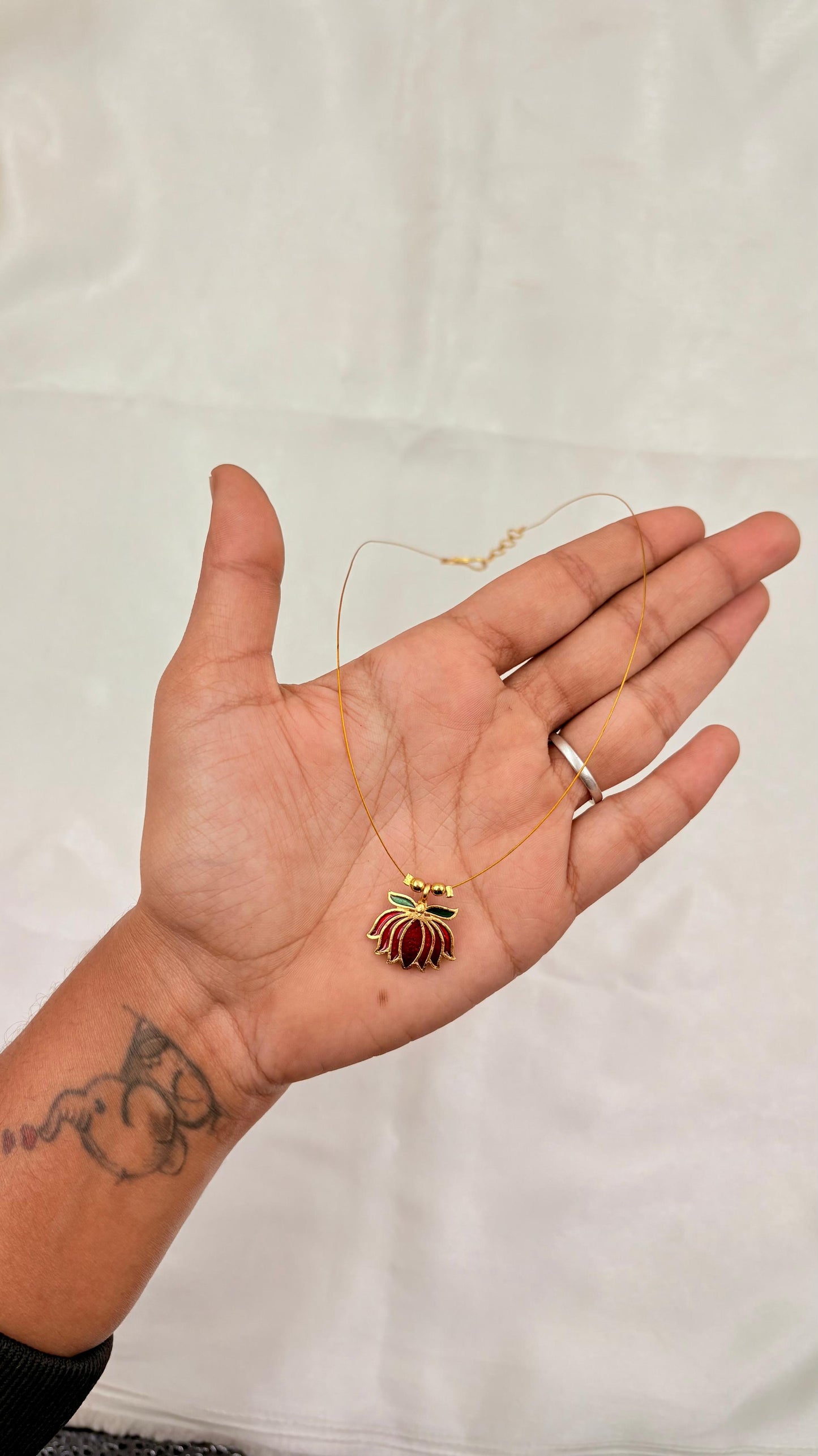 Pink Enamel Lotus Minimal Wire Necklace