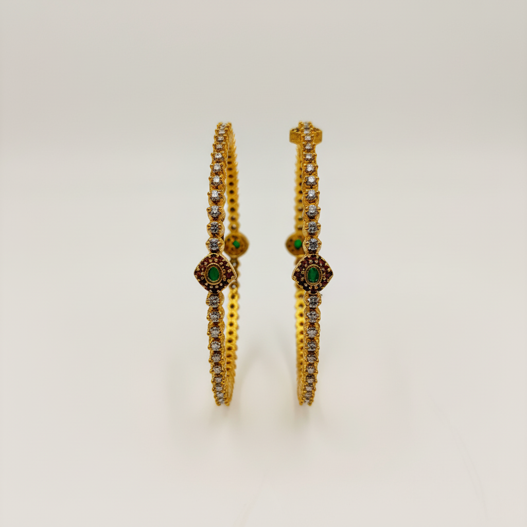 Elegant CZ Bangles With Emerald Center – Slim & Classy Design