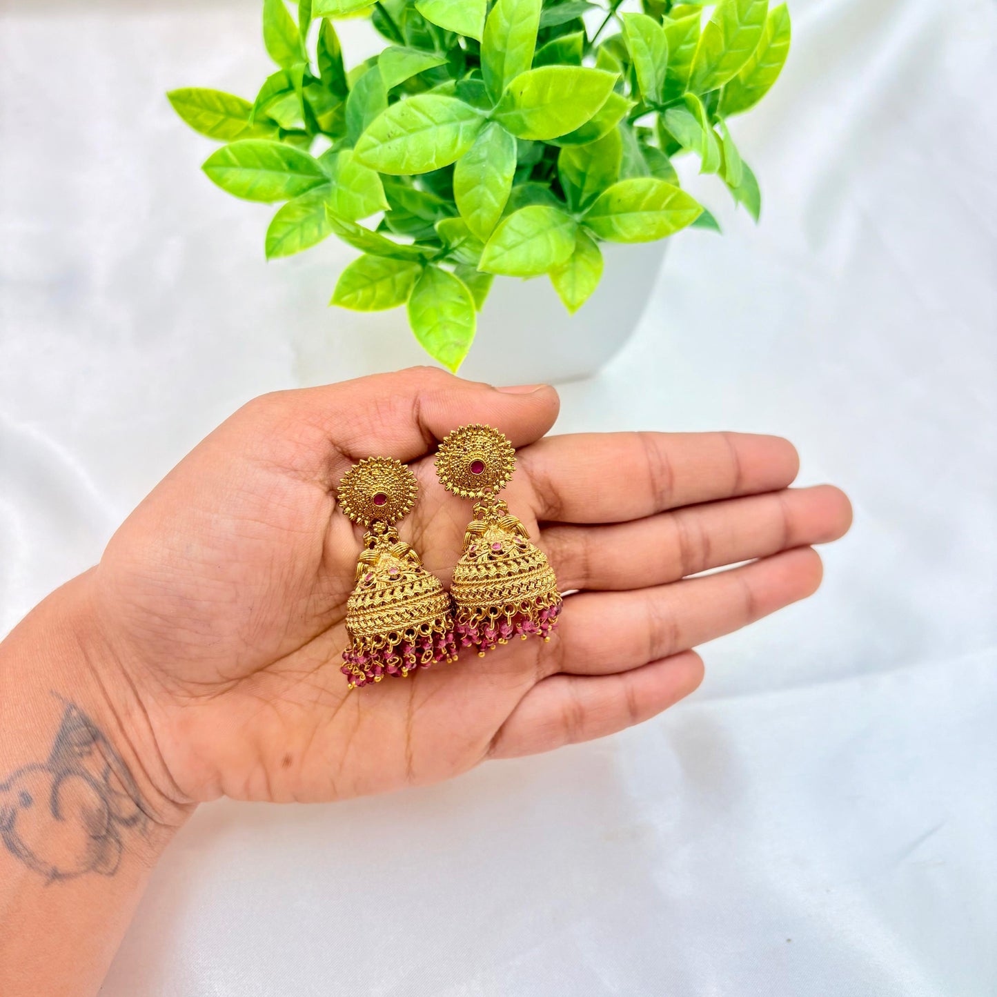 Antique Gold Temple Jhumka Earrings with Pink Bead Drops