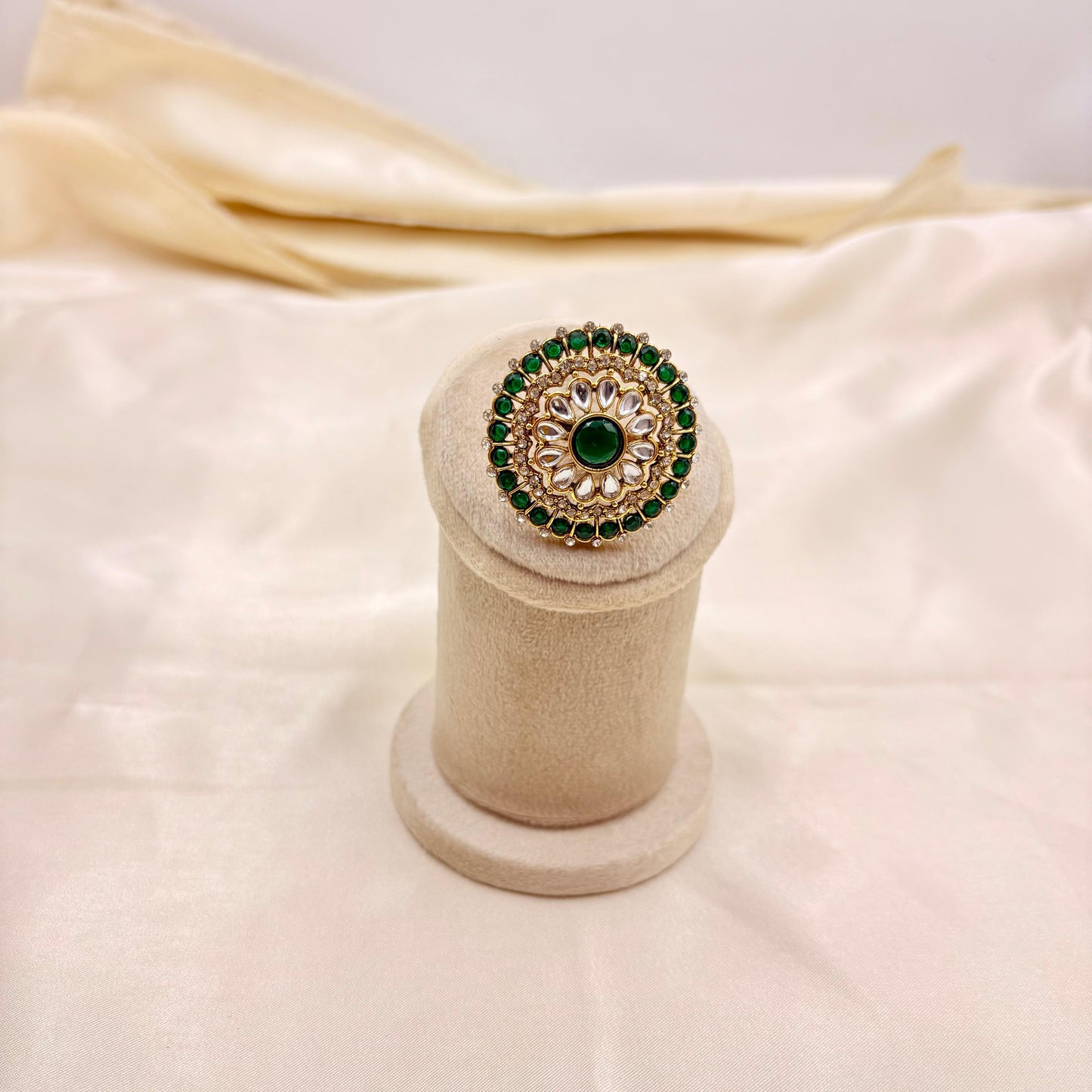 Floral Green Kundan Adjustable Finger Ring