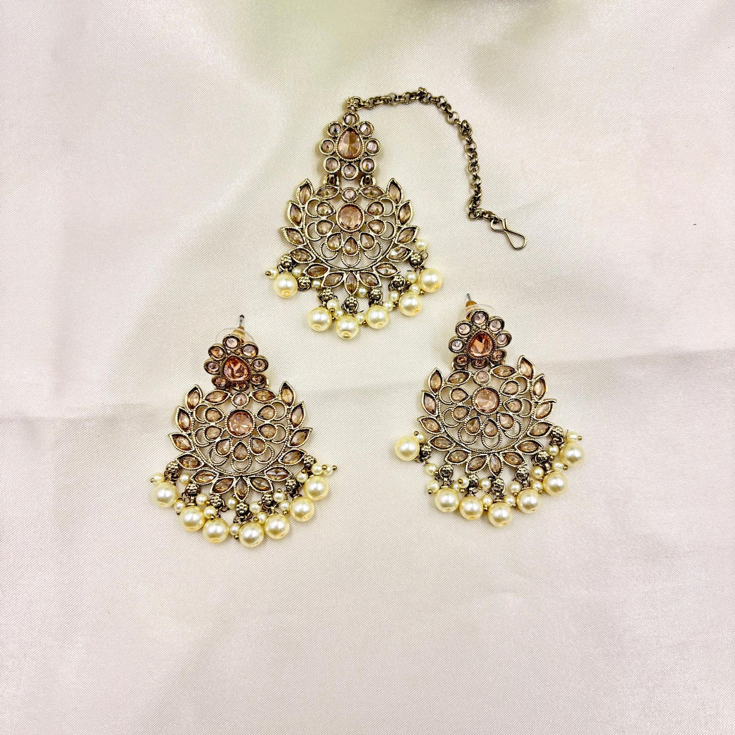Antique Gold Kundan Chandbali Earrings with Pearl Drops & Maang Tikka Set