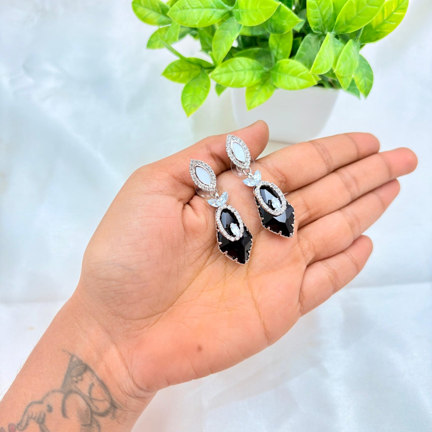 Black Crystal Teardrop Drop Earrings – Silver Finish