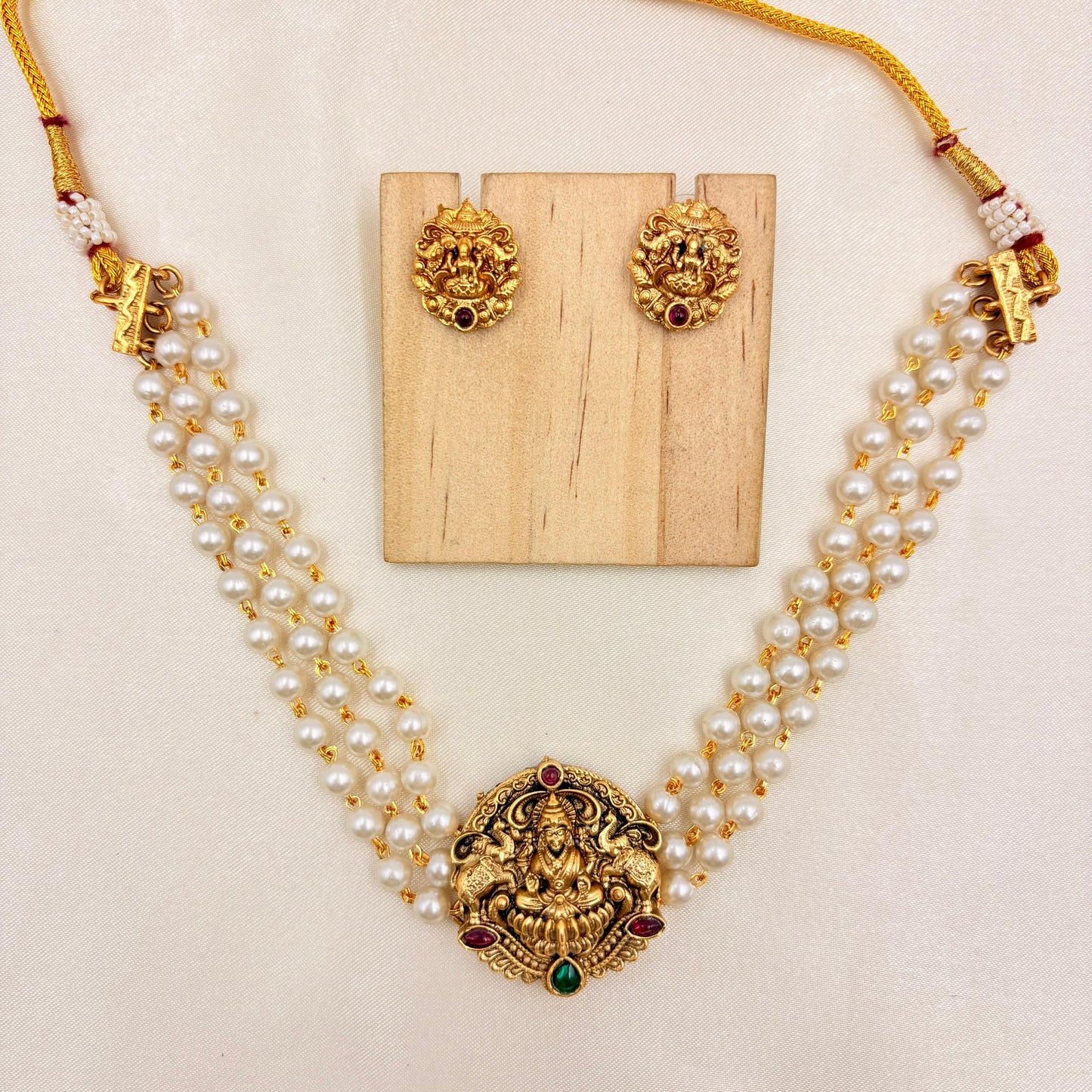 Temple Lakshmi Pearl Necklace Set with Antique Gold Finish