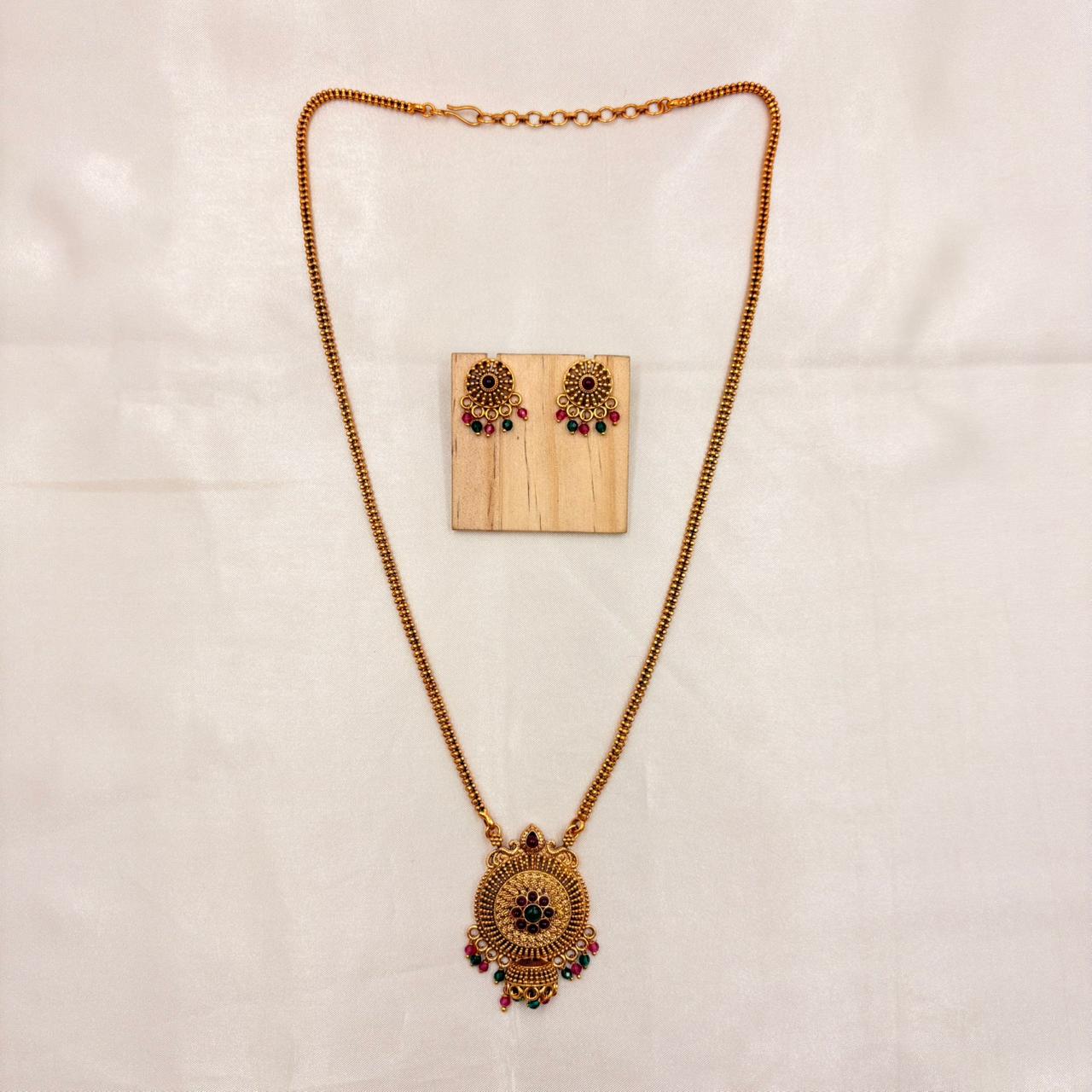 Traditional Gold Finish Long Necklace with Round Pendant & Stud Earrings