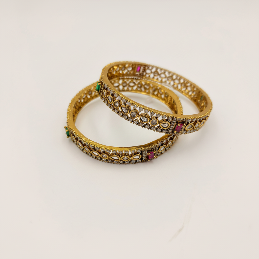 Kundan Stone Embellished Gold Bangles with Ruby & Emerald Accents – Premium Designer Bangle Set (Set of 2)