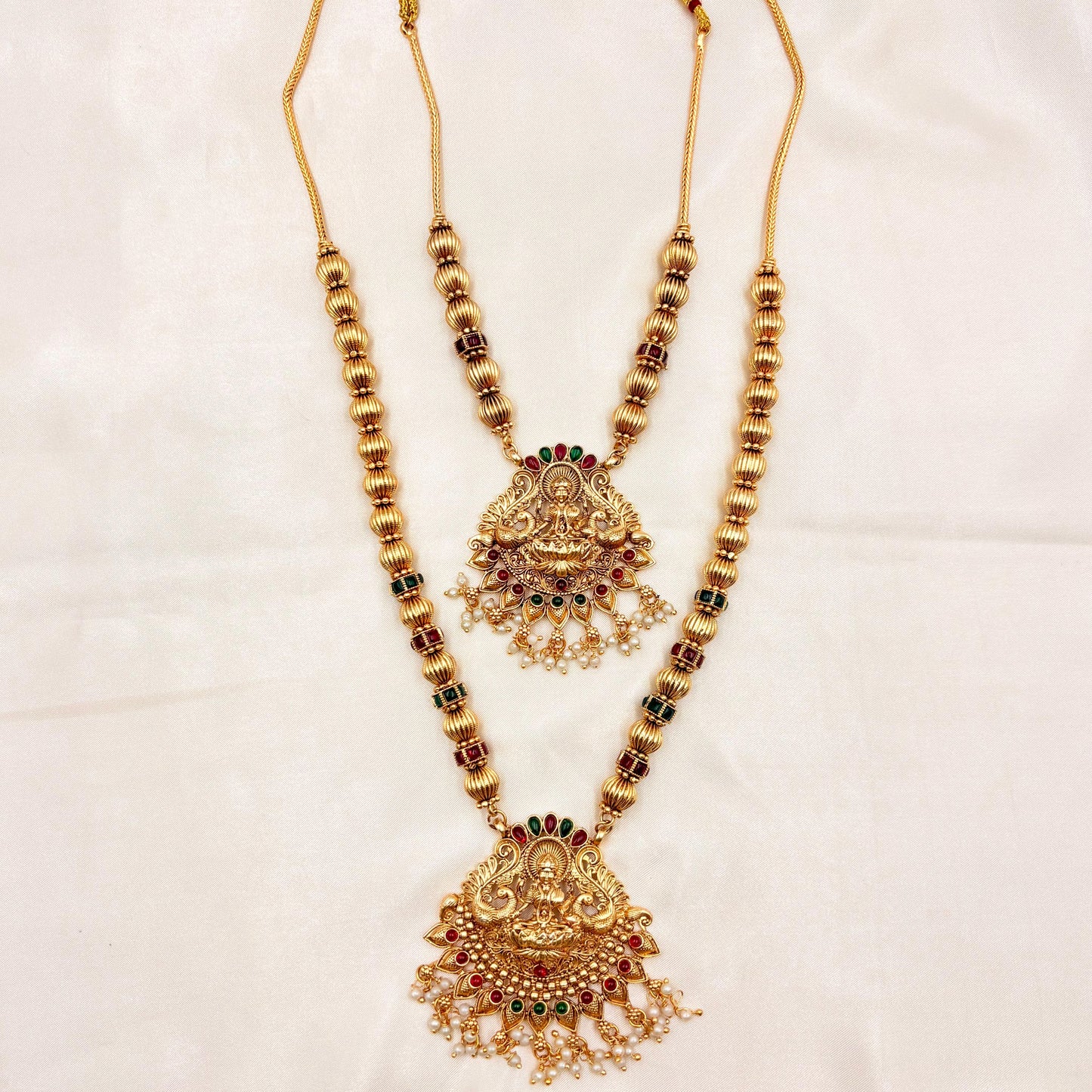 Grand Double Layer Lakshmi Temple Haram Set – Antique Gold Finish
