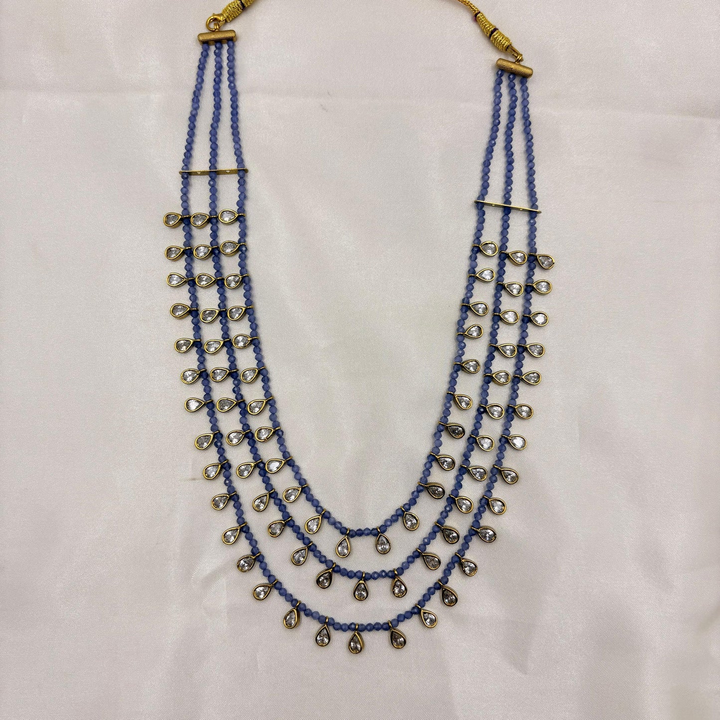 Lavender Multi-Layer Beaded Necklace with Gold Teardrop Charms – Elegant Statement Jewelry