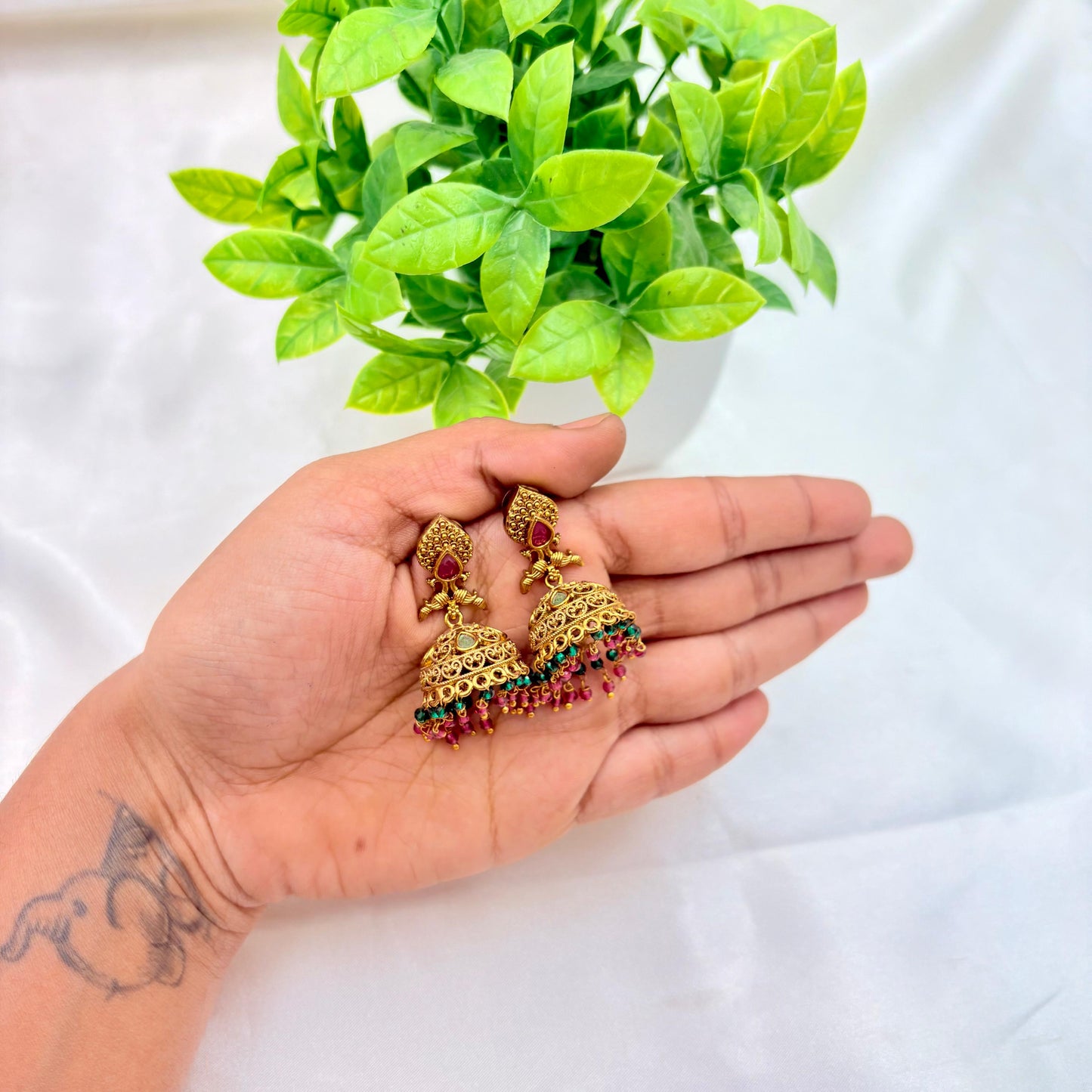 Antique Gold Temple Jhumka Earrings with Pink & Green Bead Drops