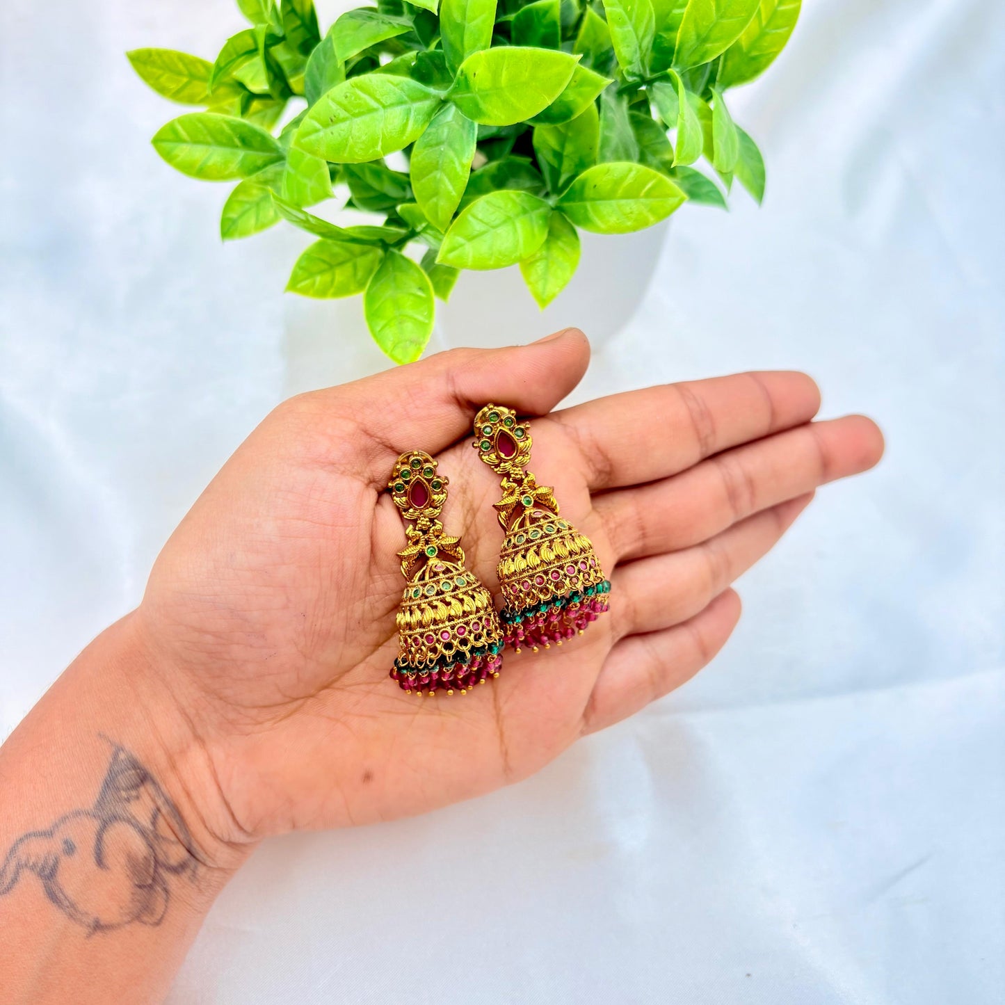 Antique Gold Jhumka Earrings with Red & Green Stones
