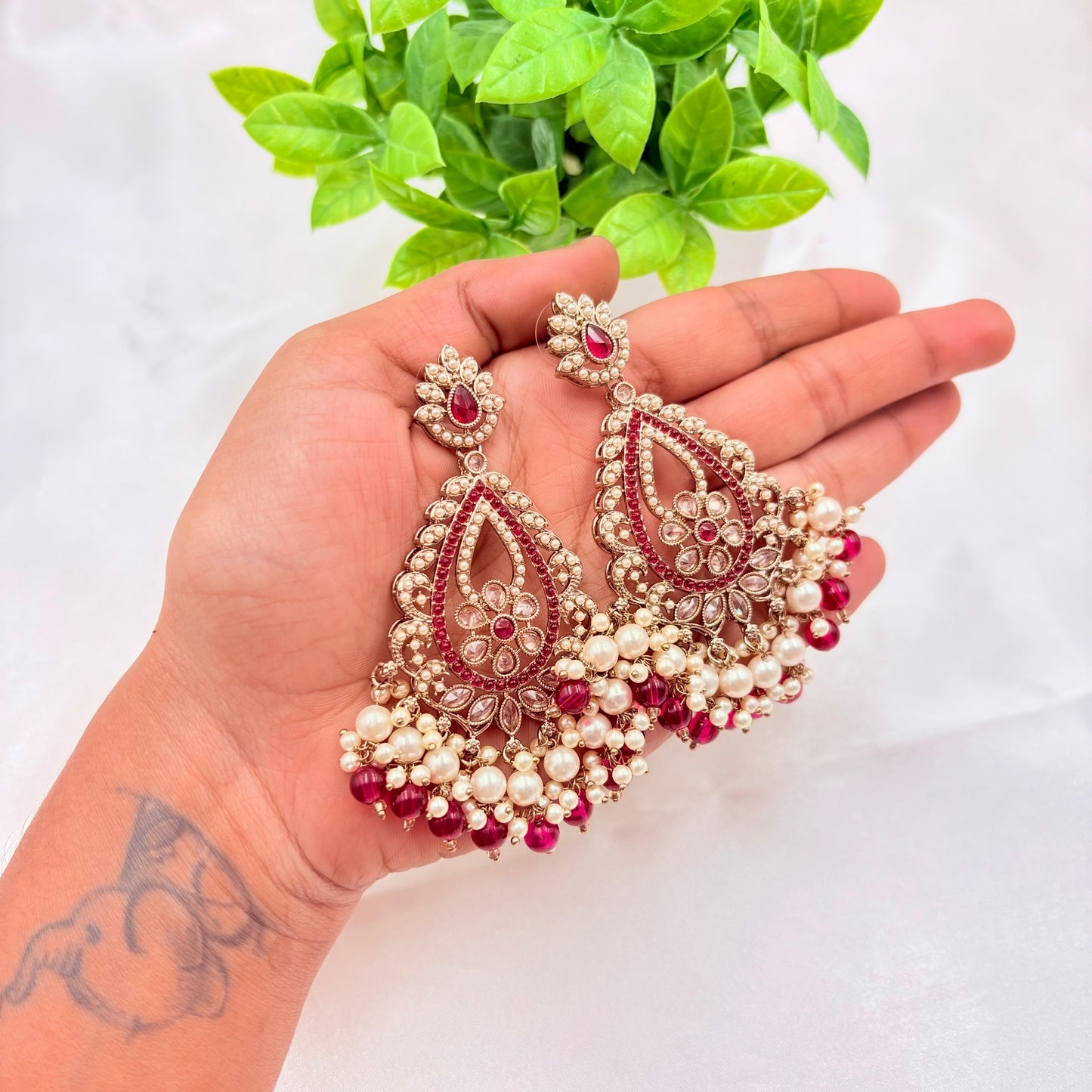 Kundan Pearl Chandelier Earrings with Ruby Pink Stones