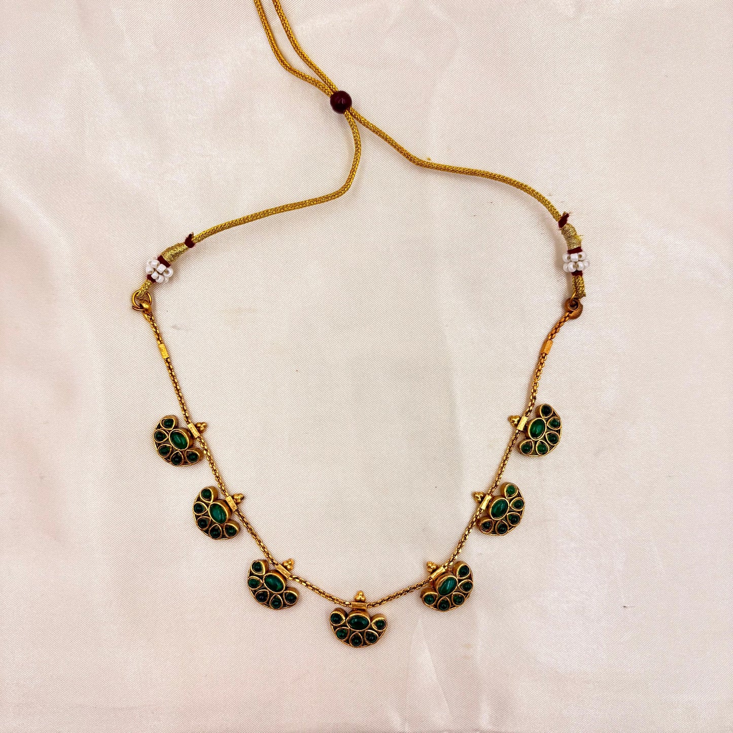 Antique Gold Finish Green Stone Short Necklace Set with Matching Stud Earrings