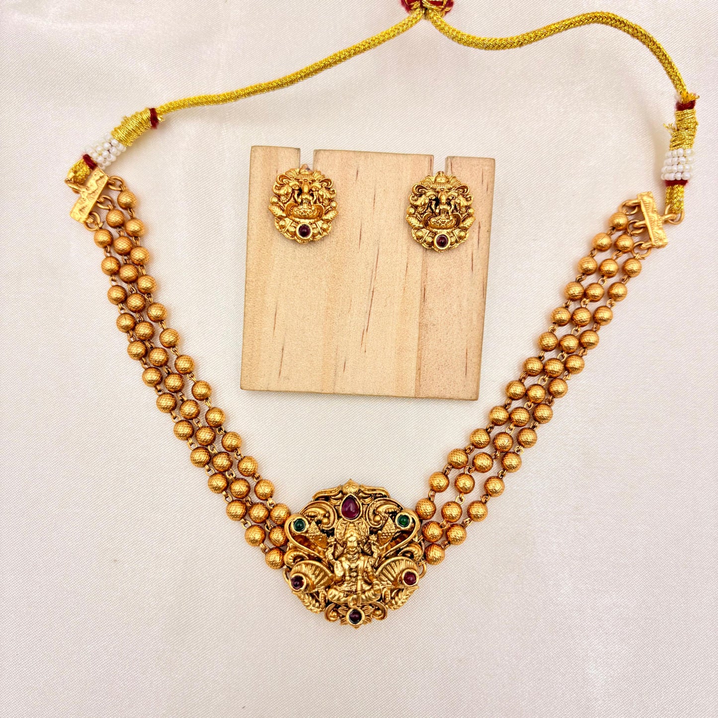 Temple Lakshmi Gold Bead Necklace Set with Matching Stud Earrings