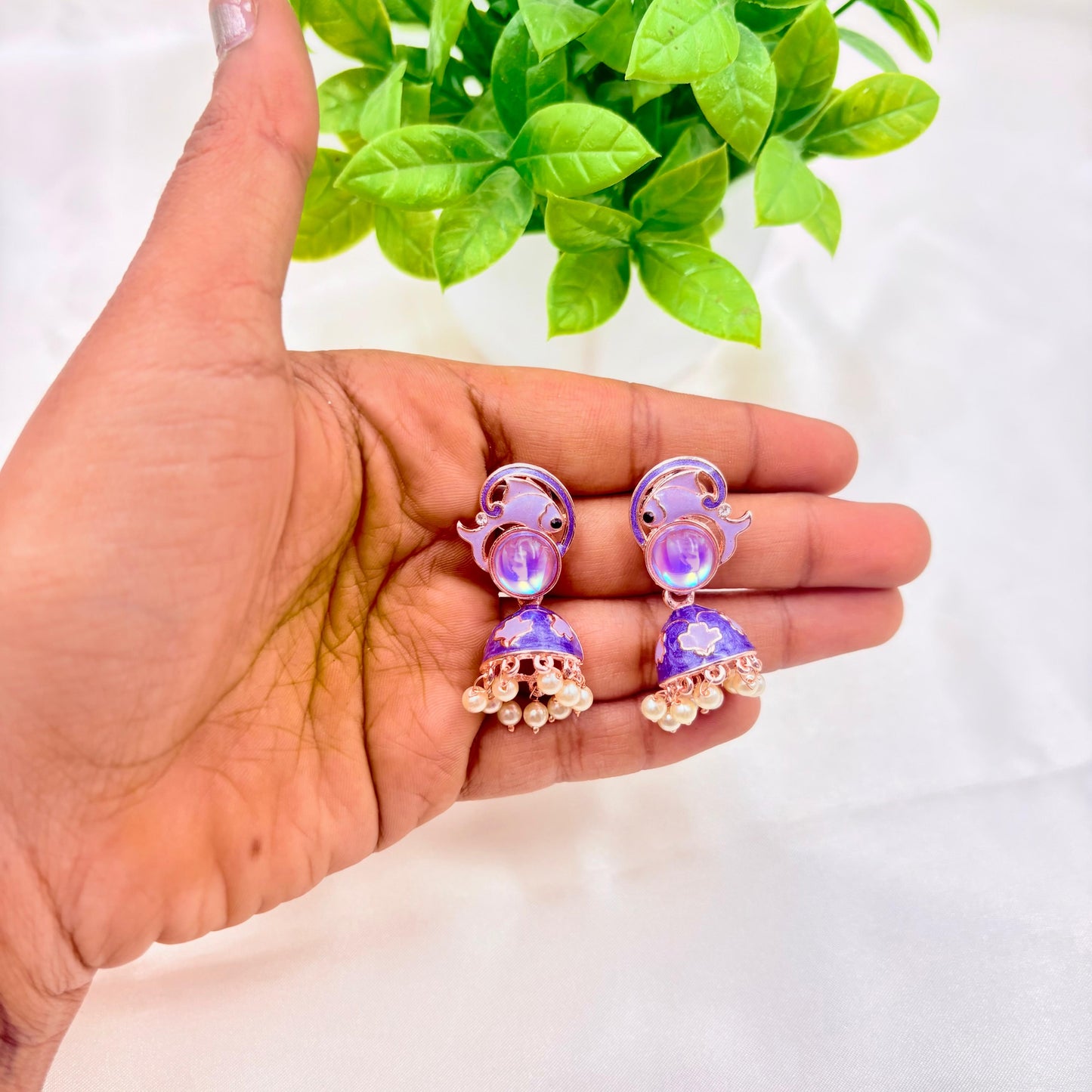 Purple Enamel Peacock Pearl Drop Jhumka Earrings