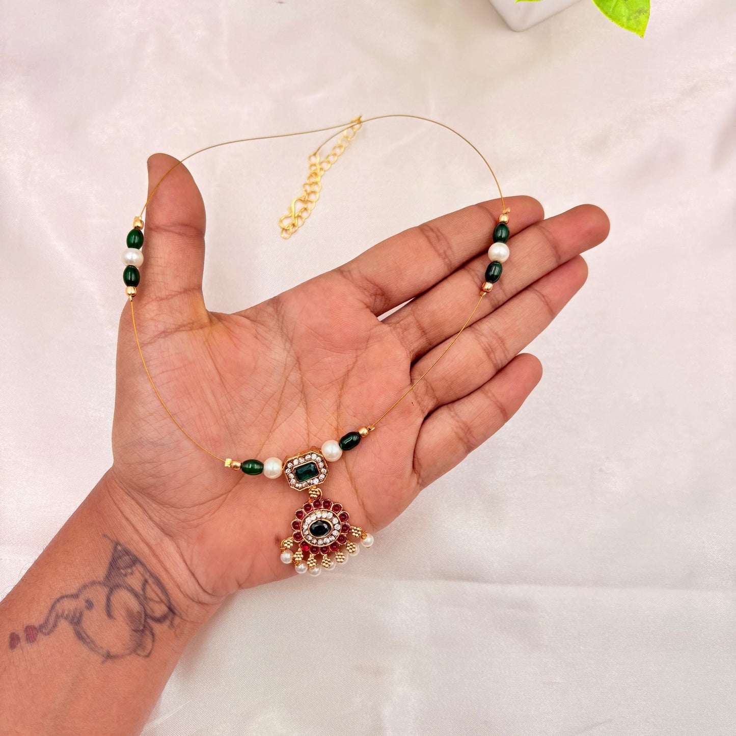 Gold Finish Black Stone Pendant Wire Necklace with Pearl Accents