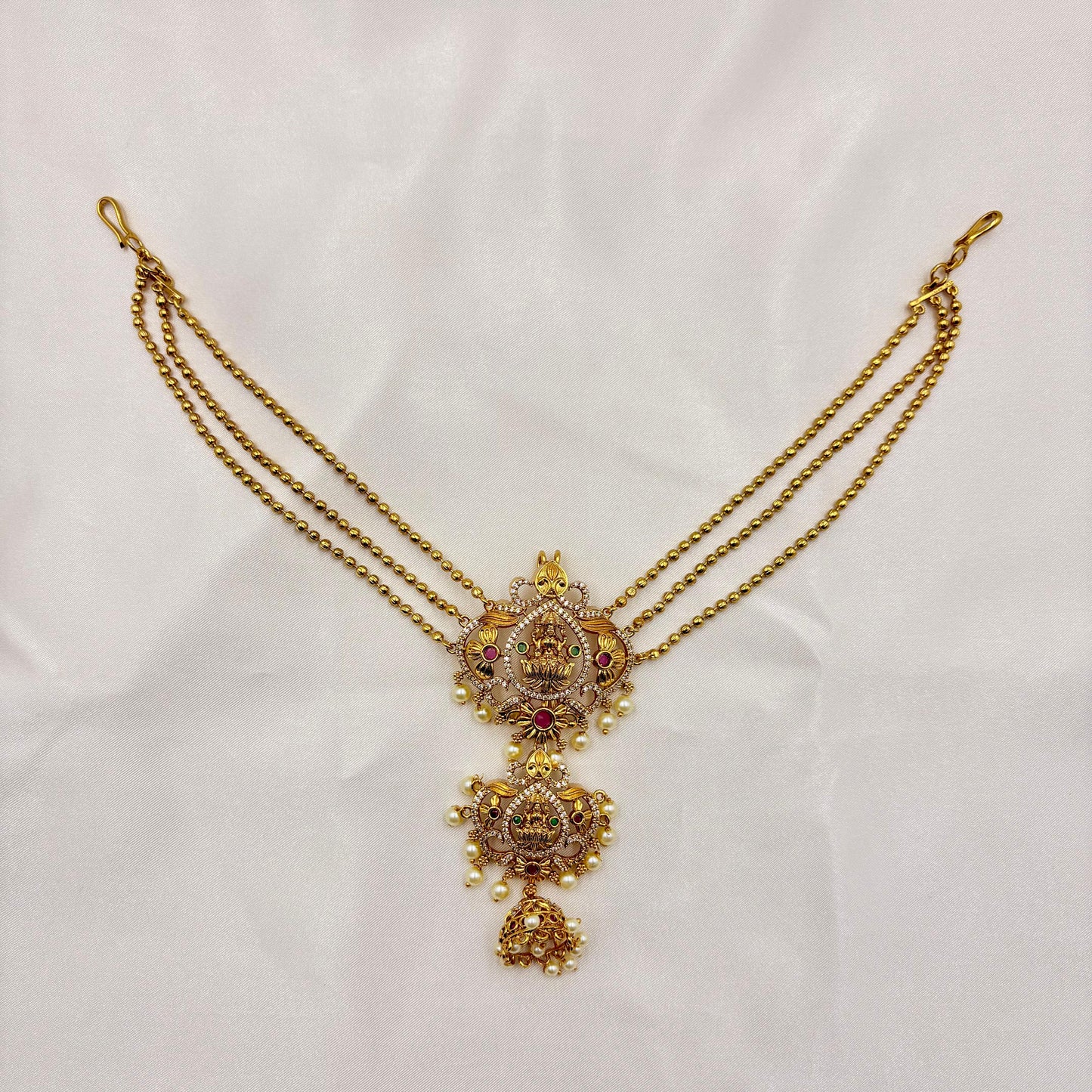 Antique Temple Bridal Hair Accessory with Dual Lakshmi Pendants, Kemp Stones & Pearl Drops