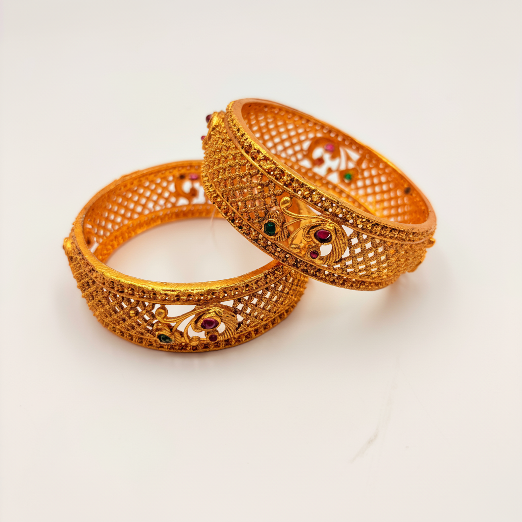 Antique Mesh Carved Bangles – Ruby & Emerald Detailing