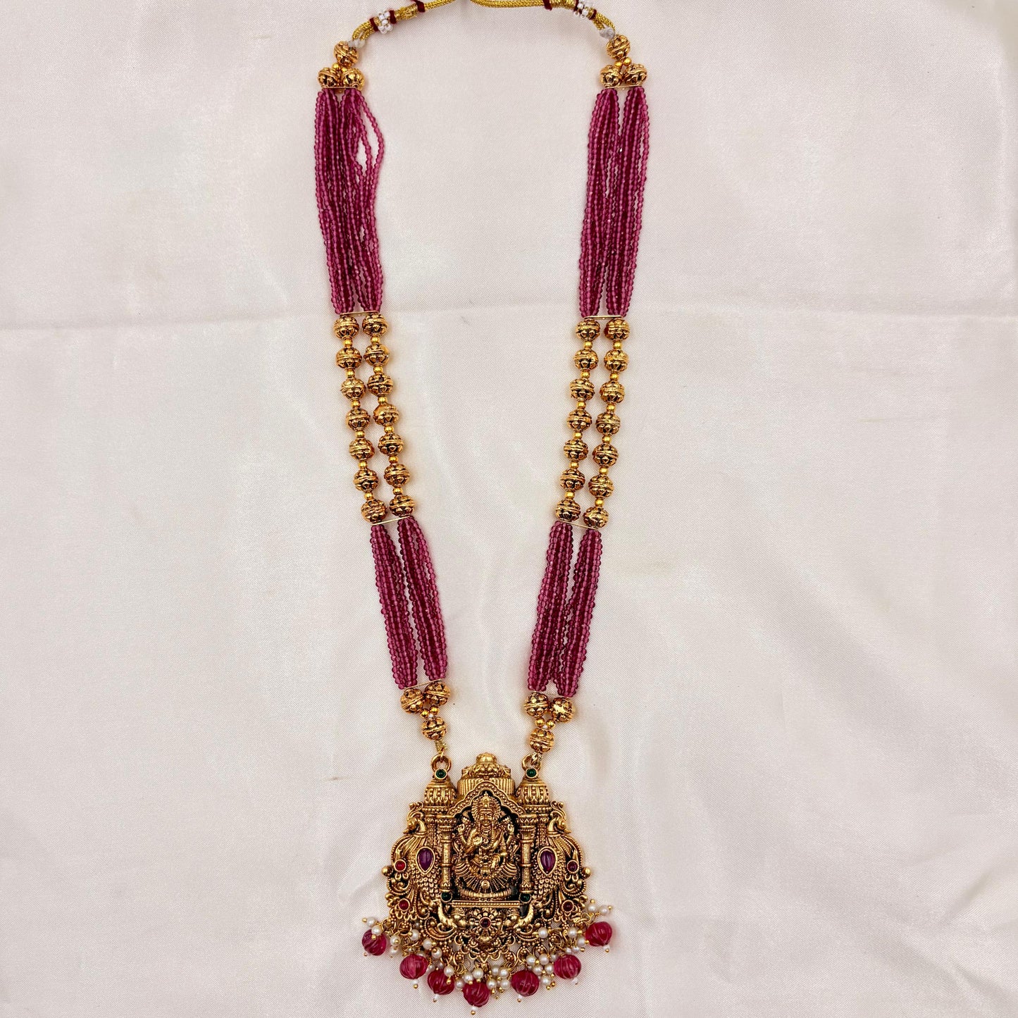 Pink Beads Temple Haaram with Lakshmi Pendant & Jhumka Earrings | Antique Gold Finish