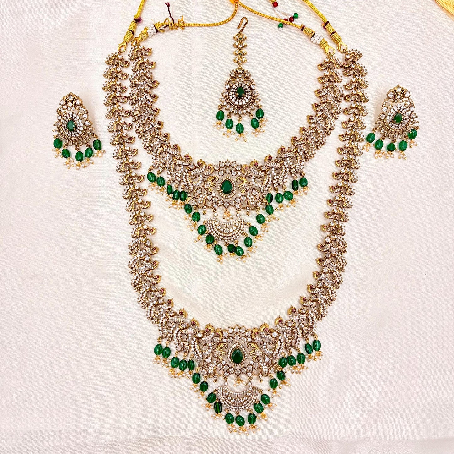 Royal Bridal Kundan Necklace Set with Green Beads & Vaddanam (Complete Set)