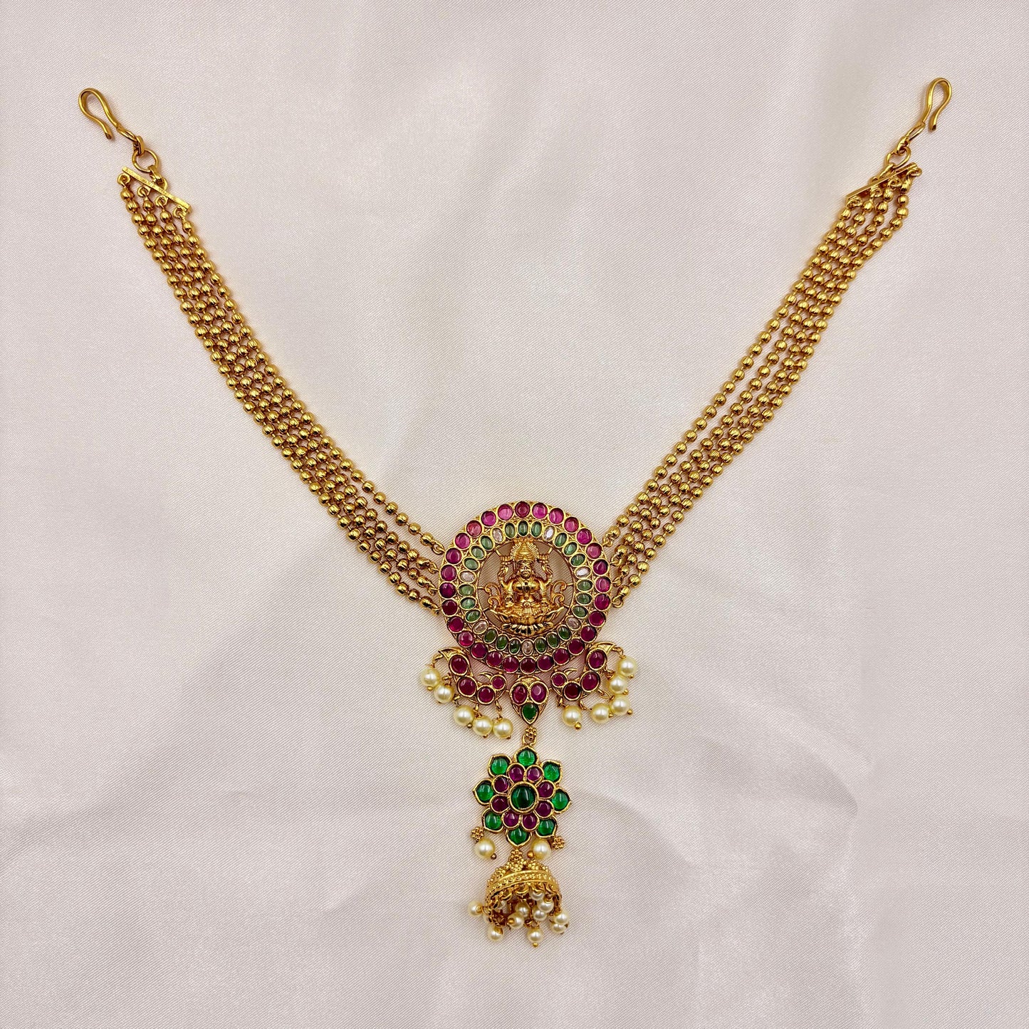 Antique Temple Bridal Hair Accessory with Lakshmi Pendant, Kemp Stones & Pearl Drops