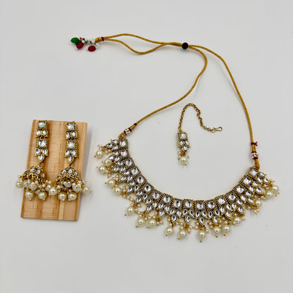 Kundan Choker Necklace Set with Pearls, Long Jhumka Earrings & Maang Tikka