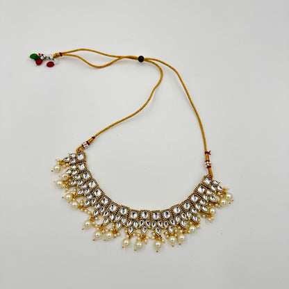 Kundan Choker Necklace Set with Pearls, Long Jhumka Earrings & Maang Tikka