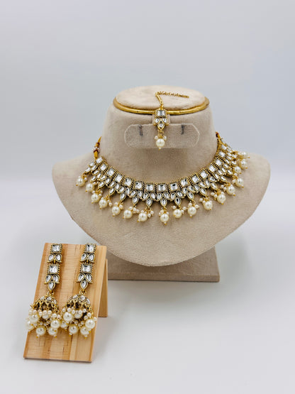 Kundan Choker Necklace Set with Pearls, Long Jhumka Earrings & Maang Tikka