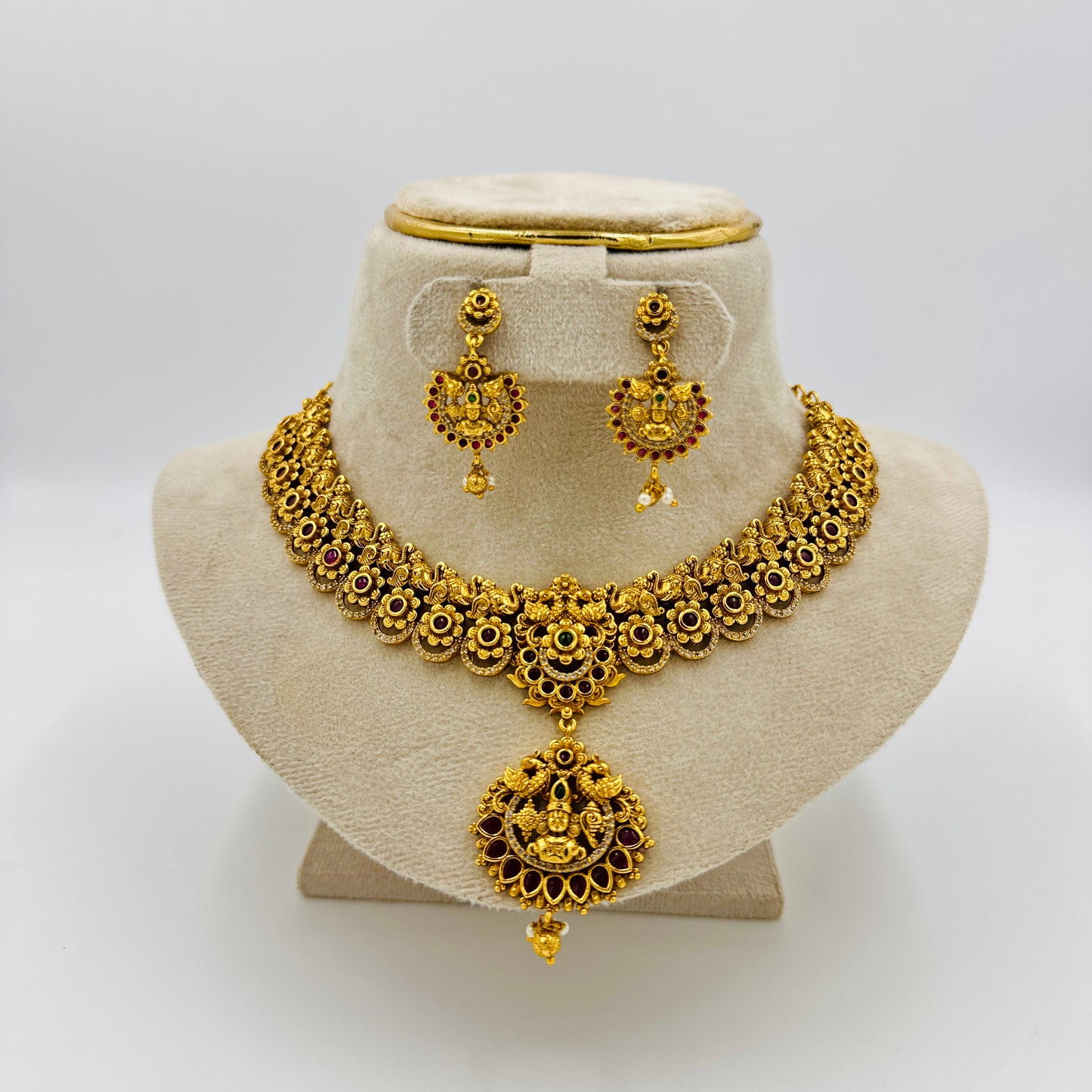Antique Temple Design Gold-Plated Necklace Set with Goddess Lakshmi Pendant & Earrings