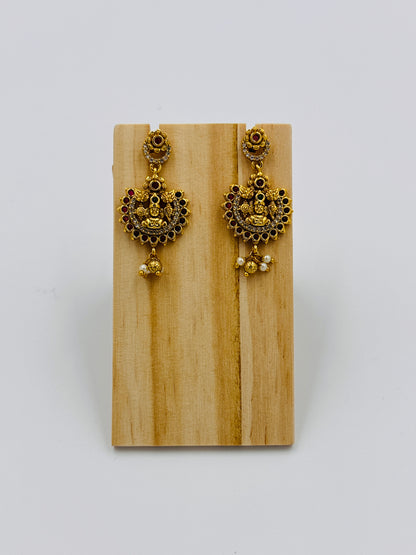 Antique Temple Design Gold-Plated Necklace Set with Goddess Lakshmi Pendant & Earrings