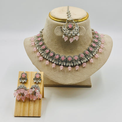 Silver-Plated Kundan Choker Necklace Set with Baby Pink Beads & Jhumka Earrings