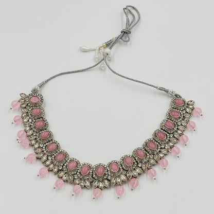 Silver-Plated Kundan Choker Necklace Set with Baby Pink Beads & Jhumka Earrings