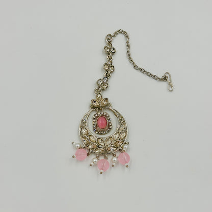 Silver-Plated Kundan Choker Necklace Set with Baby Pink Beads & Jhumka Earrings