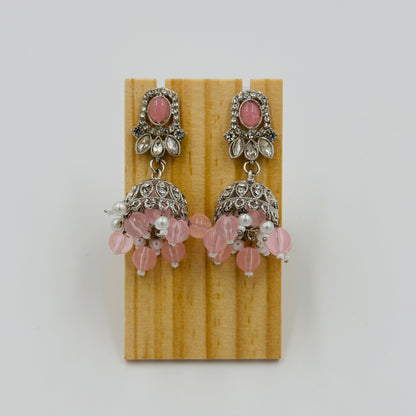 Silver-Plated Kundan Choker Necklace Set with Baby Pink Beads & Jhumka Earrings