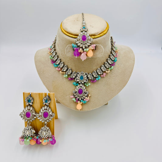 Silver-Plated Kundan Choker Necklace Set with Multicolor Beads, Jhumkas & Maang Tikka