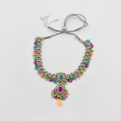 Silver-Plated Kundan Choker Necklace Set with Multicolor Beads, Jhumkas & Maang Tikka