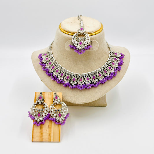 Silver-Plated Kundan Choker Necklace Set with Purple Beads & Chandbali Earrings