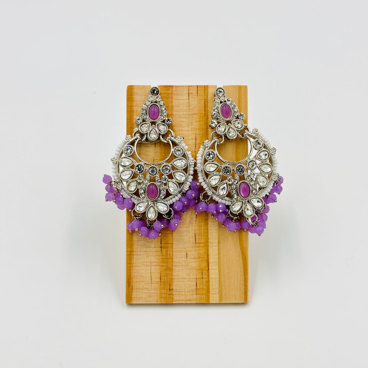 Silver-Plated Kundan Choker Necklace Set with Purple Beads & Chandbali Earrings