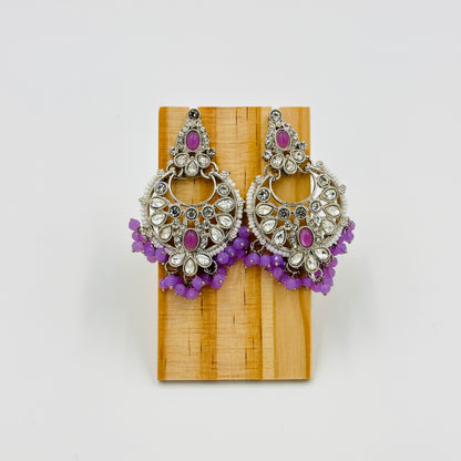 Silver-Plated Kundan Choker Necklace Set with Purple Beads & Chandbali Earrings