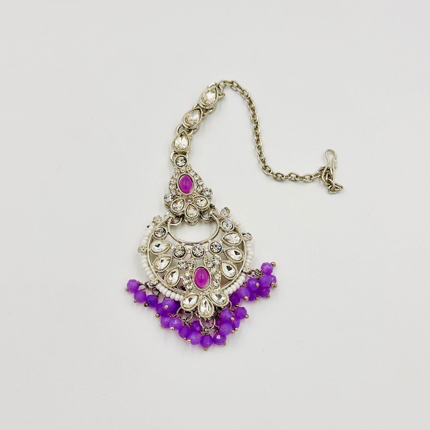Silver-Plated Kundan Choker Necklace Set with Purple Beads & Chandbali Earrings