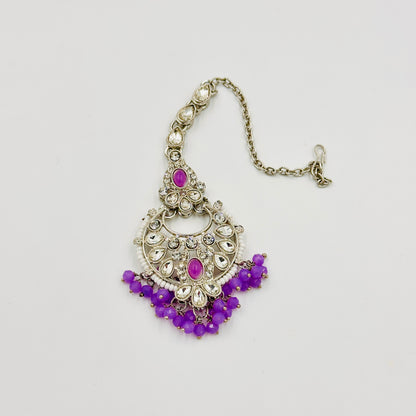 Silver-Plated Kundan Choker Necklace Set with Purple Beads & Chandbali Earrings