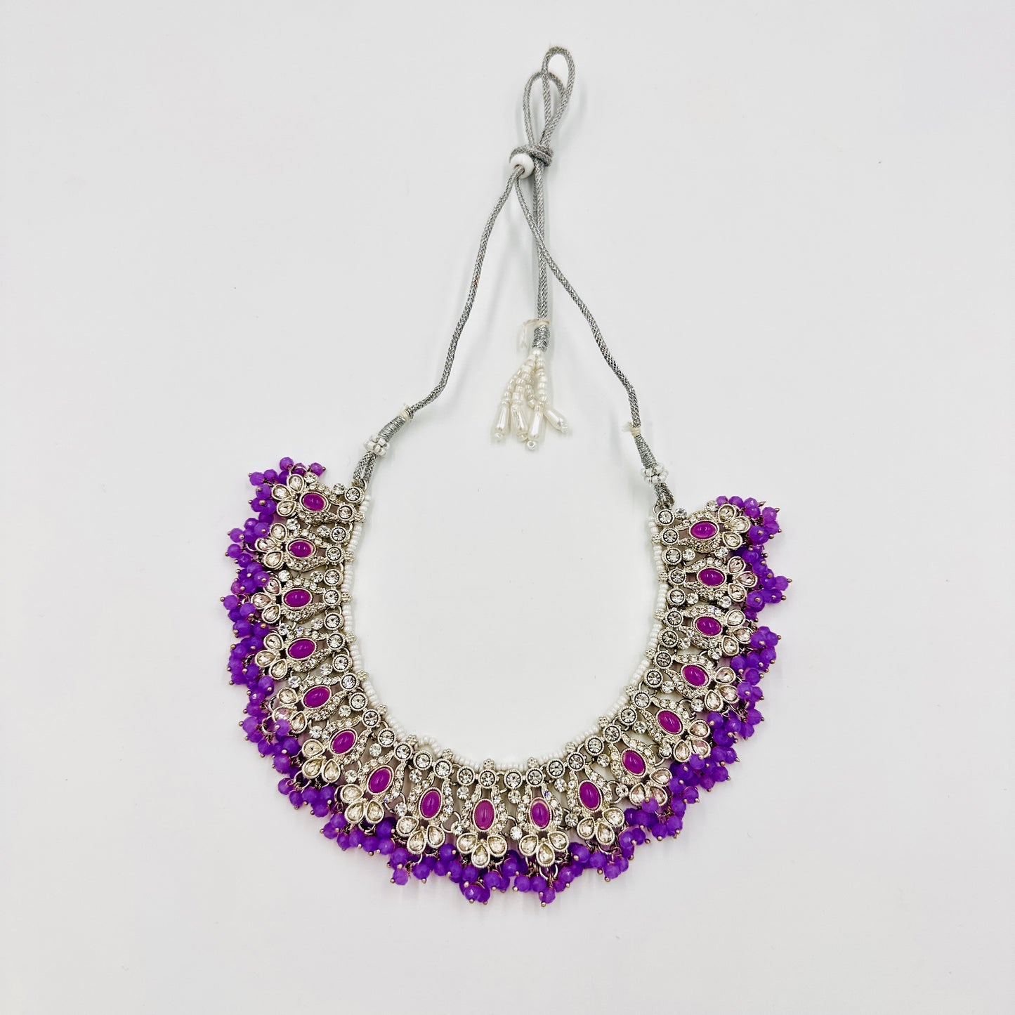 Silver-Plated Kundan Choker Necklace Set with Purple Beads & Chandbali Earrings