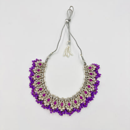 Silver-Plated Kundan Choker Necklace Set with Purple Beads & Chandbali Earrings