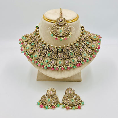 Antique Gold-Plated Multicolor Kundan Choker Necklace Set with Earrings & Maang Tikka