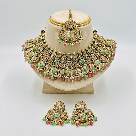 Antique Gold-Plated Multicolor Kundan Choker Necklace Set with Earrings & Maang Tikka