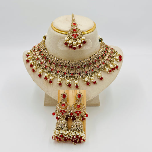 Red Kundan Bridal Choker Necklace Set with Pearls & Jhumka Earrings