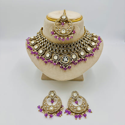 Antique Gold-Plated Kundan Choker Necklace Set with Purple Beads, Earrings & Maang Tikka