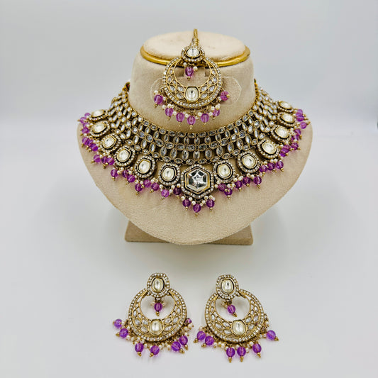 Antique Gold-Plated Kundan Choker Necklace Set with Purple Beads, Earrings & Maang Tikka