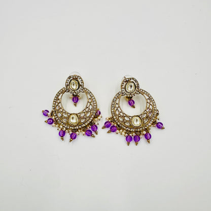 Antique Gold-Plated Kundan Choker Necklace Set with Purple Beads, Earrings & Maang Tikka