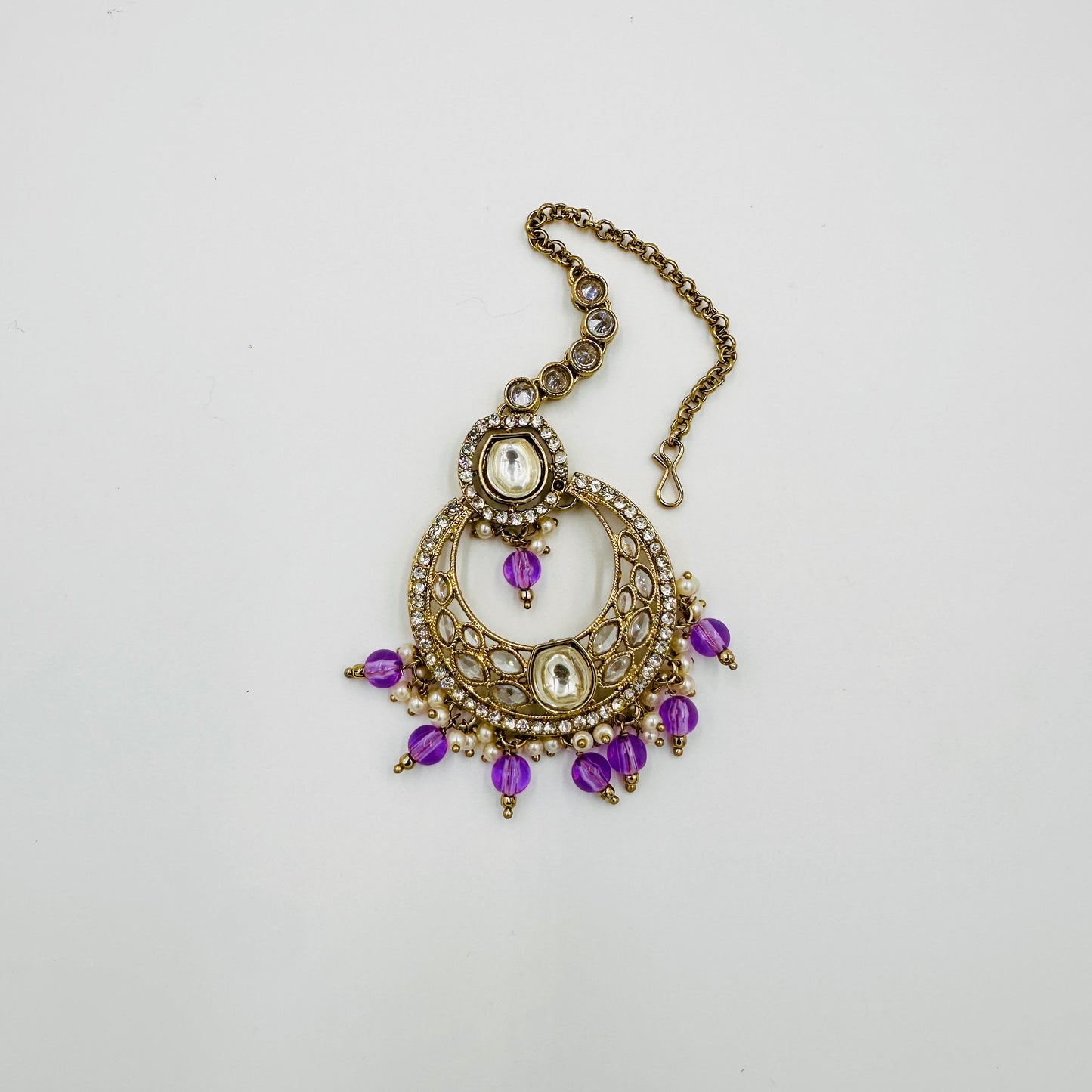 Antique Gold-Plated Kundan Choker Necklace Set with Purple Beads, Earrings & Maang Tikka