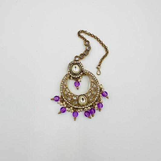 Antique Gold-Plated Kundan Choker Necklace Set with Purple Beads, Earrings & Maang Tikka
