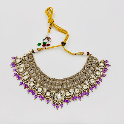 Antique Gold-Plated Kundan Choker Necklace Set with Purple Beads, Earrings & Maang Tikka